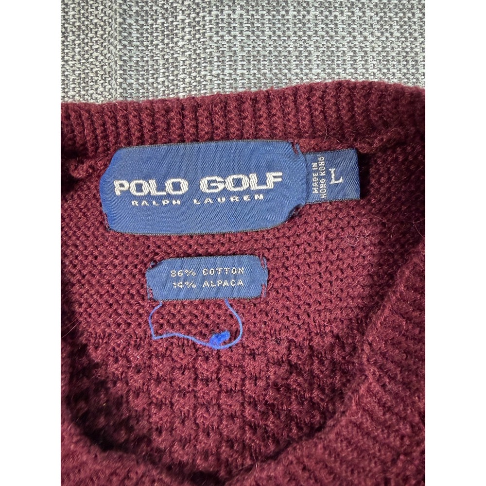 Polo Ralph Lauren Golf Sweater Mens L Maroon Cotton Waffle Knit V Neck Warm Wear - Picture 2 of 4
